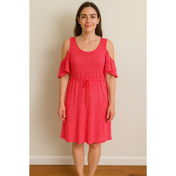 Minnie Rose Cold Shoulder Mini Dress Linen Cinch Waist Guava Pink Small Boho - Picture 1 of 8